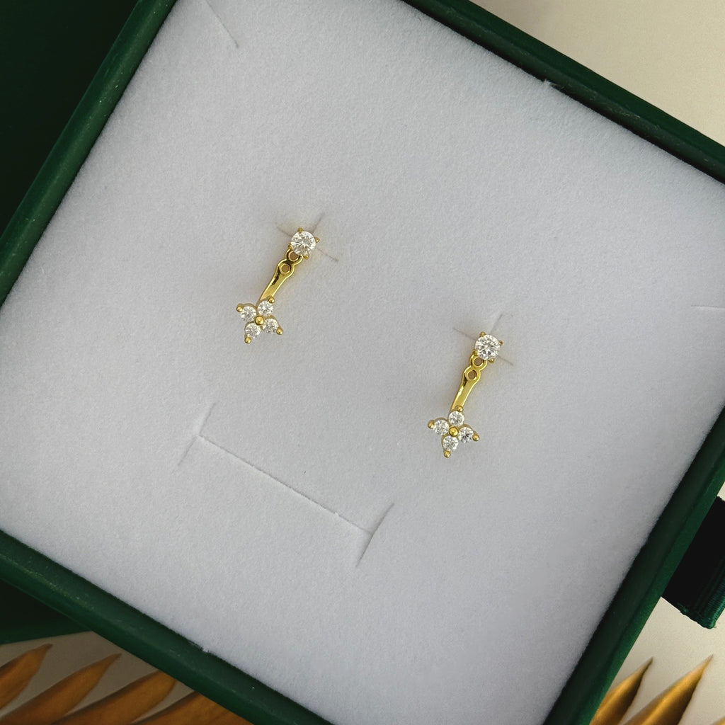 14K Gold Pave Curve CZ Drop Earrings: Sterling Silver Adjustable Cartilage Studs