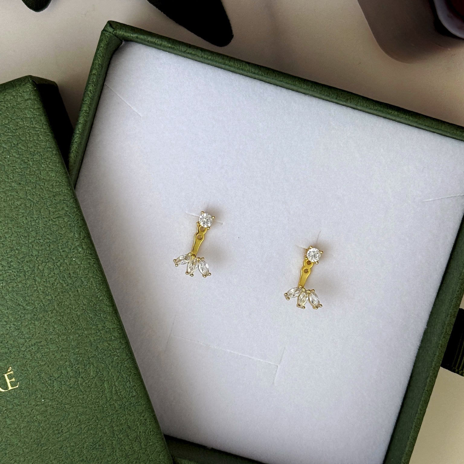 14K Gold Marquise CZ Flower Earrings: Sterling Silver Adjustable Drop