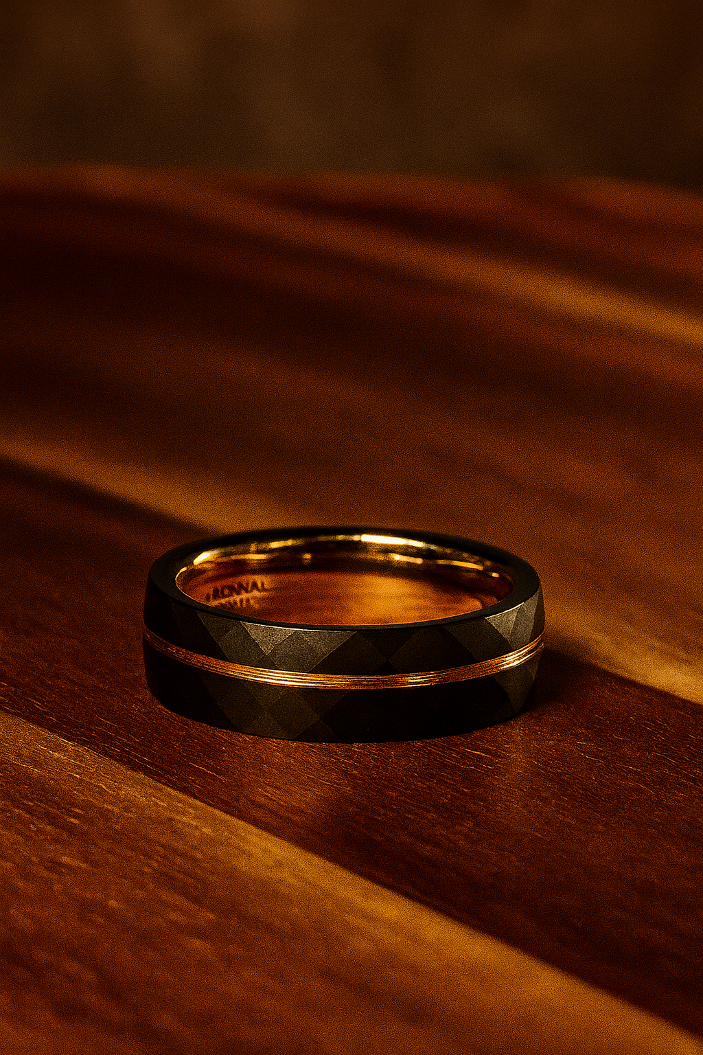 Rose Gold Tungsten Ring • Black Hammered Men’s Wedding Band • Faceted Comfort Fit Male Promise Ring