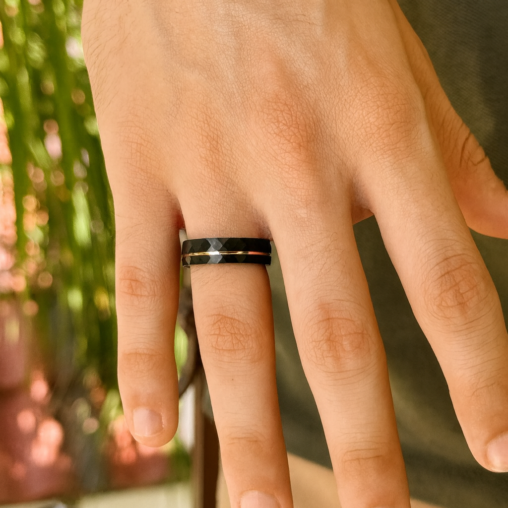 Rose Gold Tungsten Ring • Black Hammered Men’s Wedding Band • Faceted Comfort Fit Male Promise Ring