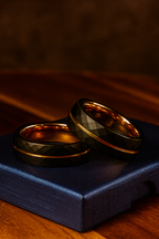 Rose Gold Tungsten Ring • Black Hammered Men’s Wedding Band • Faceted Comfort Fit Male Promise Ring