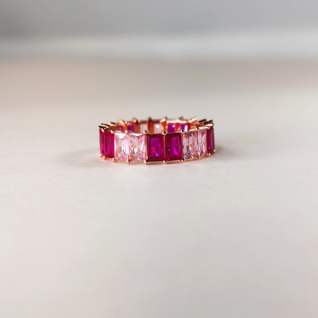 Baguette Eternity Ring — Full Eternity Band with Pink Ruby CZ • Emerald Cut Stacking Ring • Dainty Anniversary Gift for Girlfriend or Sister