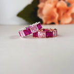 Baguette Eternity Ring — Full Eternity Band with Pink Ruby CZ • Emerald Cut Stacking Ring • Dainty Anniversary Gift for Girlfriend or Sister