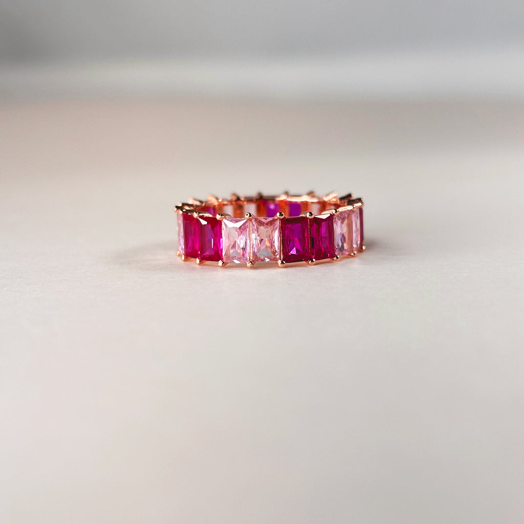 Baguette Eternity Ring — Full Eternity Band with Pink Ruby CZ • Emerald Cut Stacking Ring • Dainty Anniversary Gift for Girlfriend or Sister