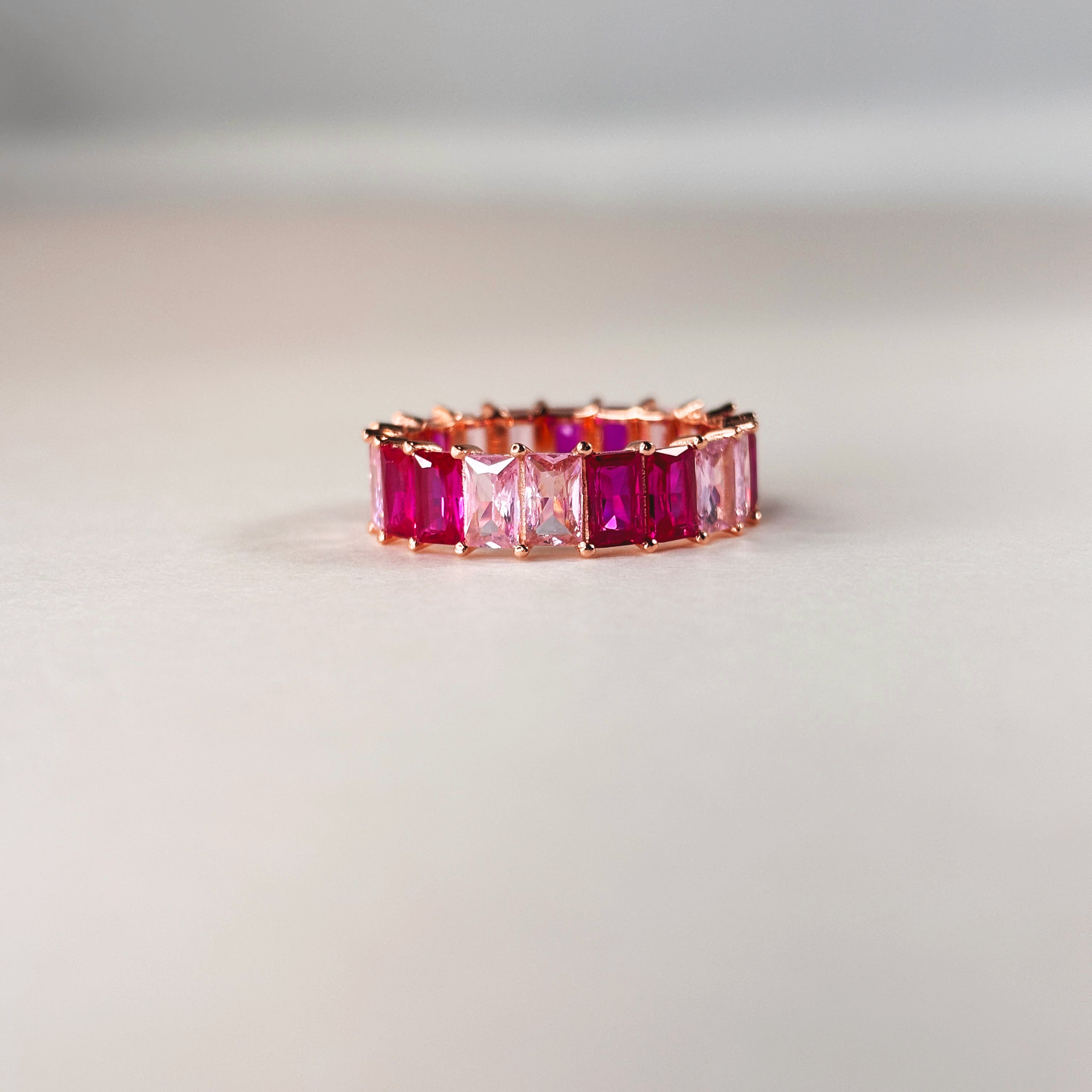 Baguette Eternity Ring — Full Eternity Band with Pink Ruby CZ • Emerald Cut Stacking Ring • Dainty Anniversary Gift for Girlfriend or Sister