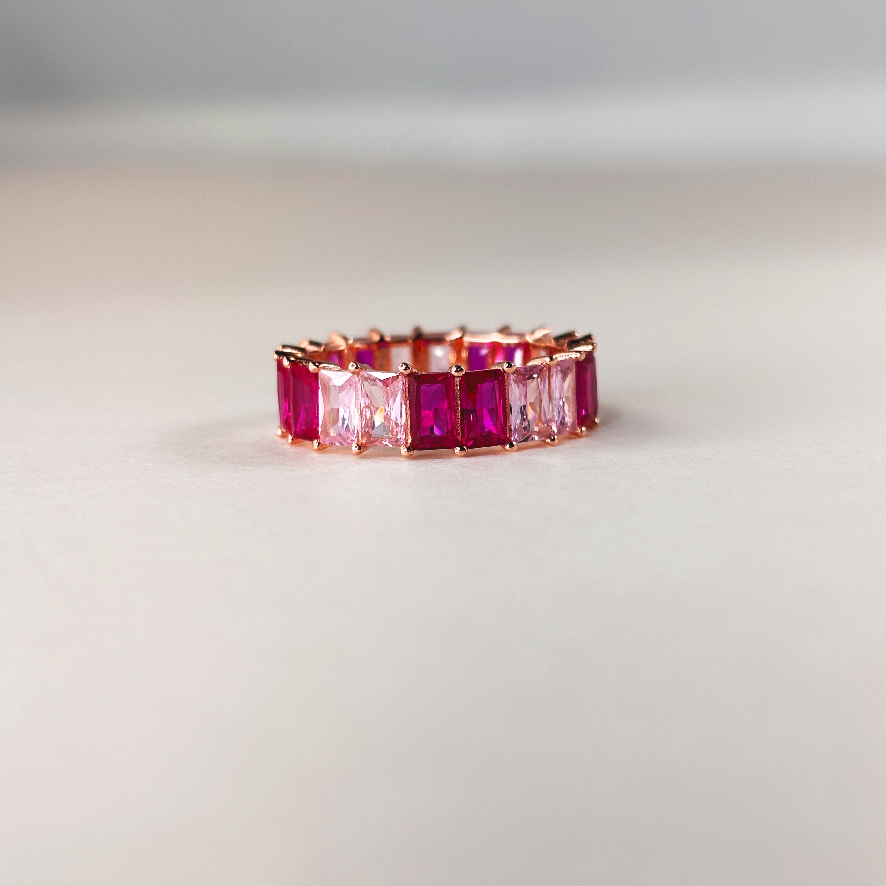 Baguette Eternity Ring — Full Eternity Band with Pink Ruby CZ • Emerald Cut Stacking Ring • Dainty Anniversary Gift for Girlfriend or Sister