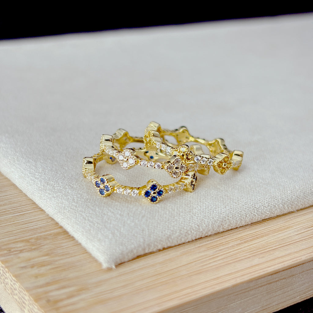 Gold Clover CZ Ring • Sterling Silver, Lucky Birthstone Band