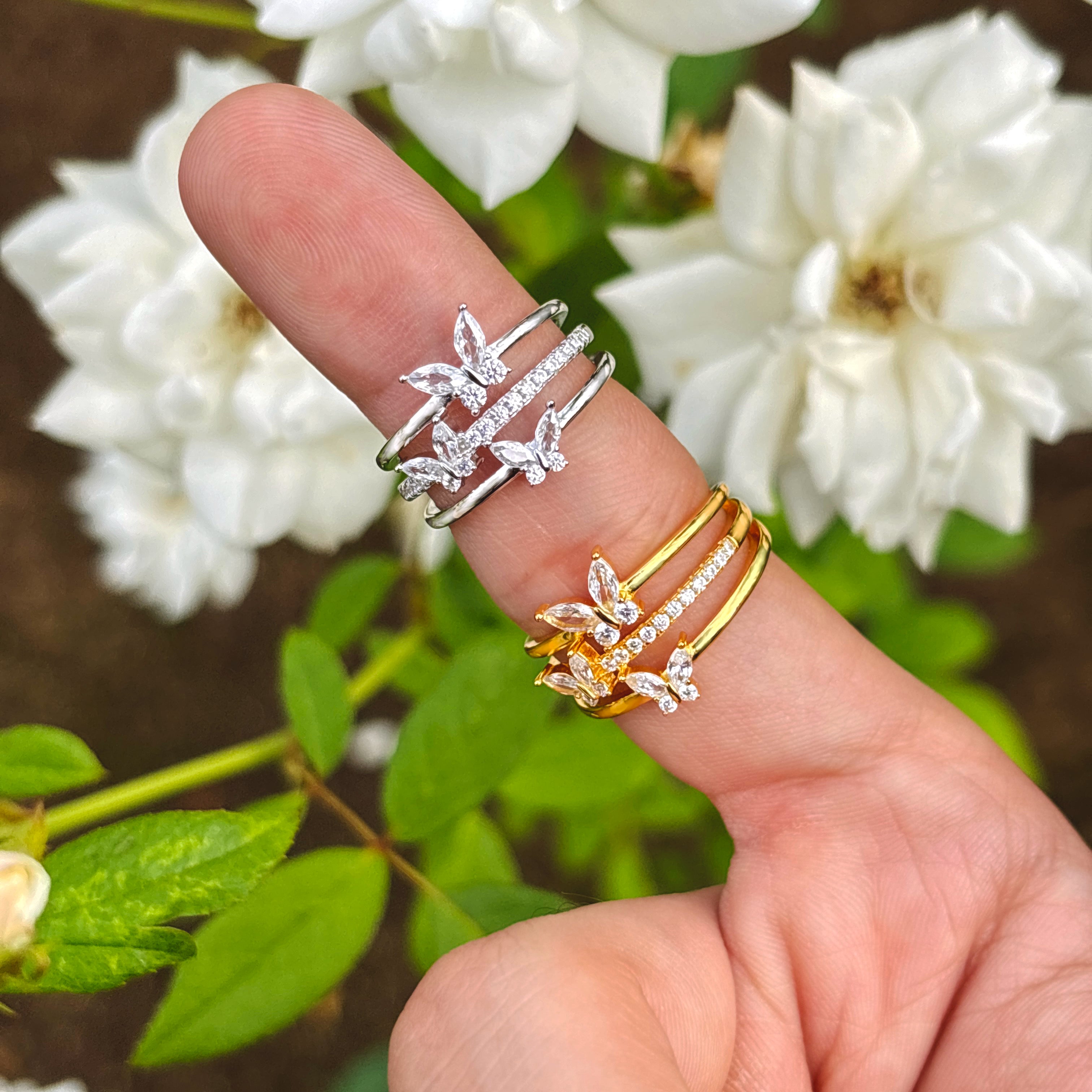 14K Gold Butterfly Crystal Ring: Adjustable Birthstone Jewelry
