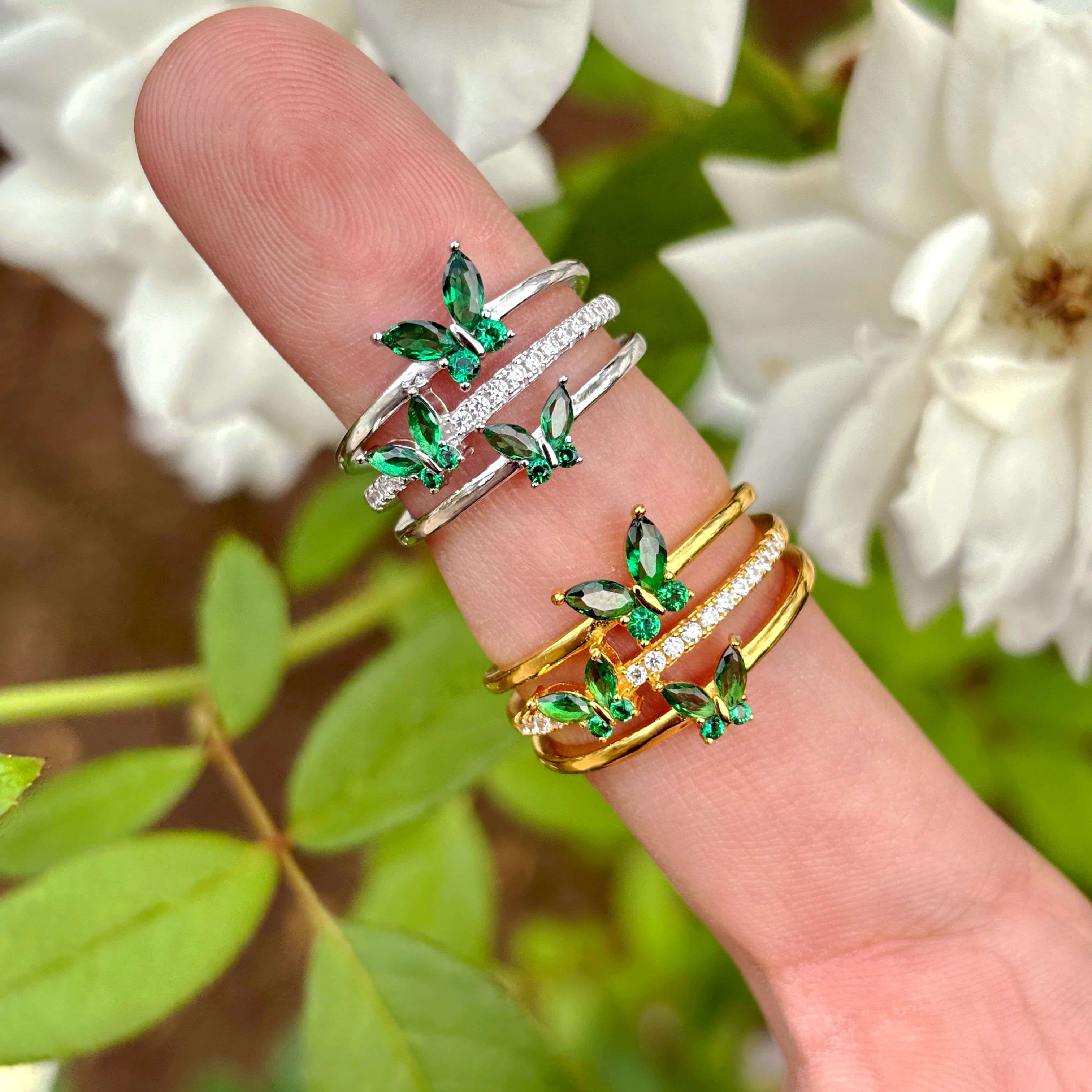 14K Gold Butterfly Crystal Ring: Adjustable Birthstone Jewelry