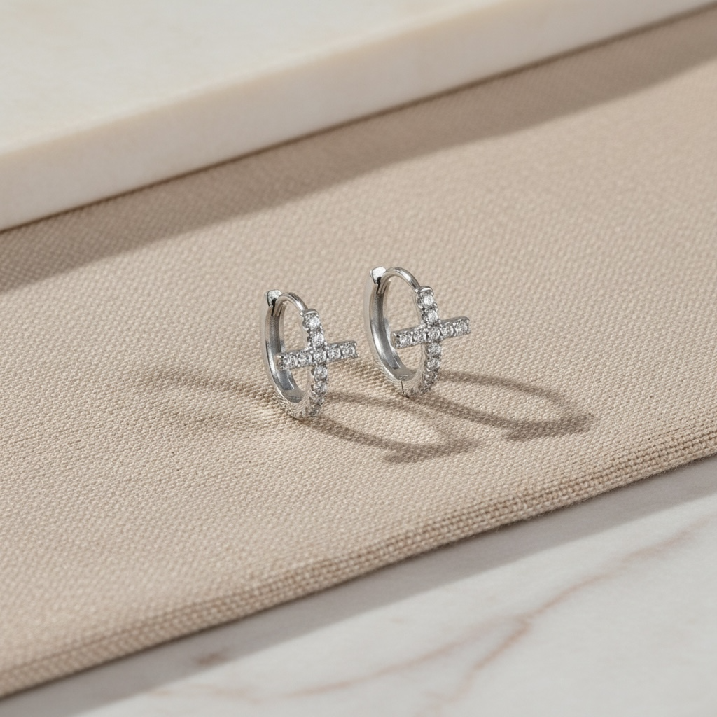Diamond Cross Huggie Hoop Earrings • Gold or Silver • Small Hypoallergenic Hoops • Tiny CZ Earrings for Women