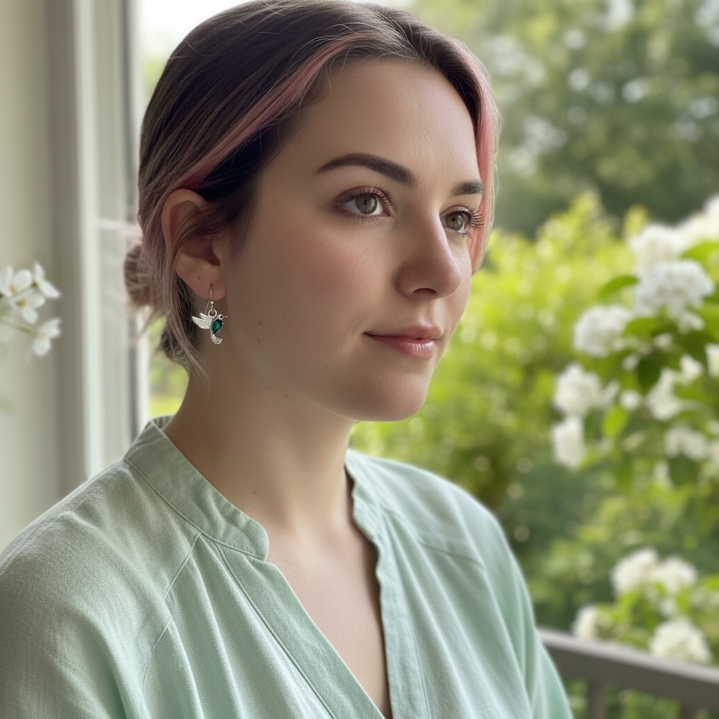 Hummingbird Earrings Sterling Silver | Flying Bird Earrings with Emerald Accent | Nature Jewelry Gift