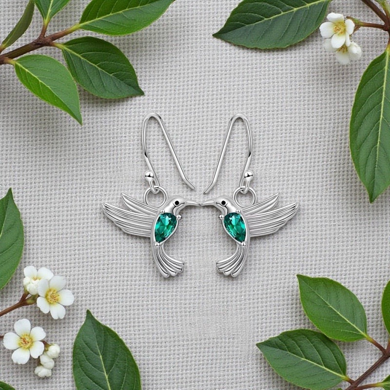 Hummingbird Earrings Sterling Silver | Flying Bird Earrings with Emerald Accent | Nature Jewelry Gift