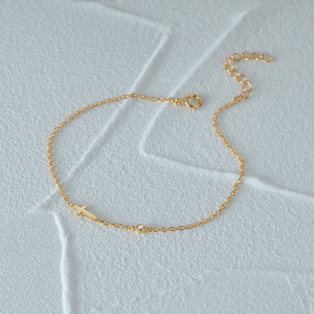 Sideways Cross Bracelet • 14K Gold Vermeil, CZ Diamond • Christian Gift