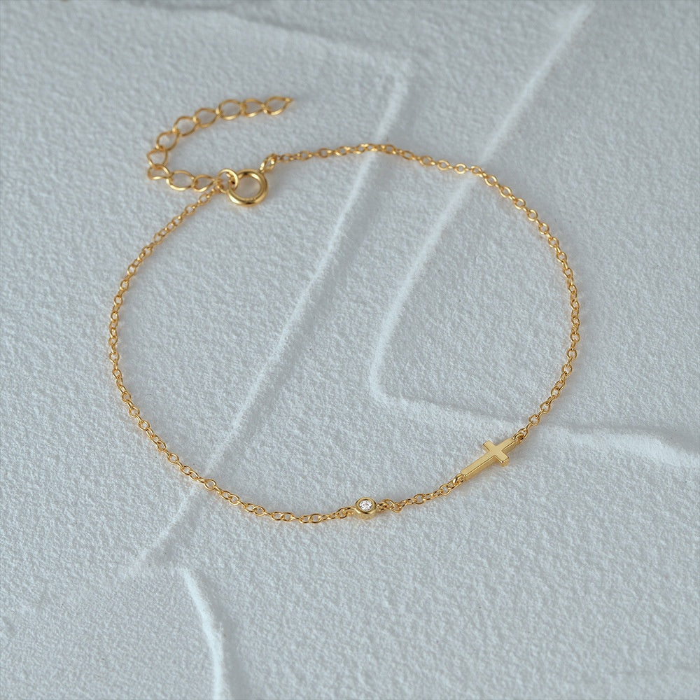 Sideways Cross Bracelet • 14K Gold Vermeil, CZ Diamond • Christian Gift