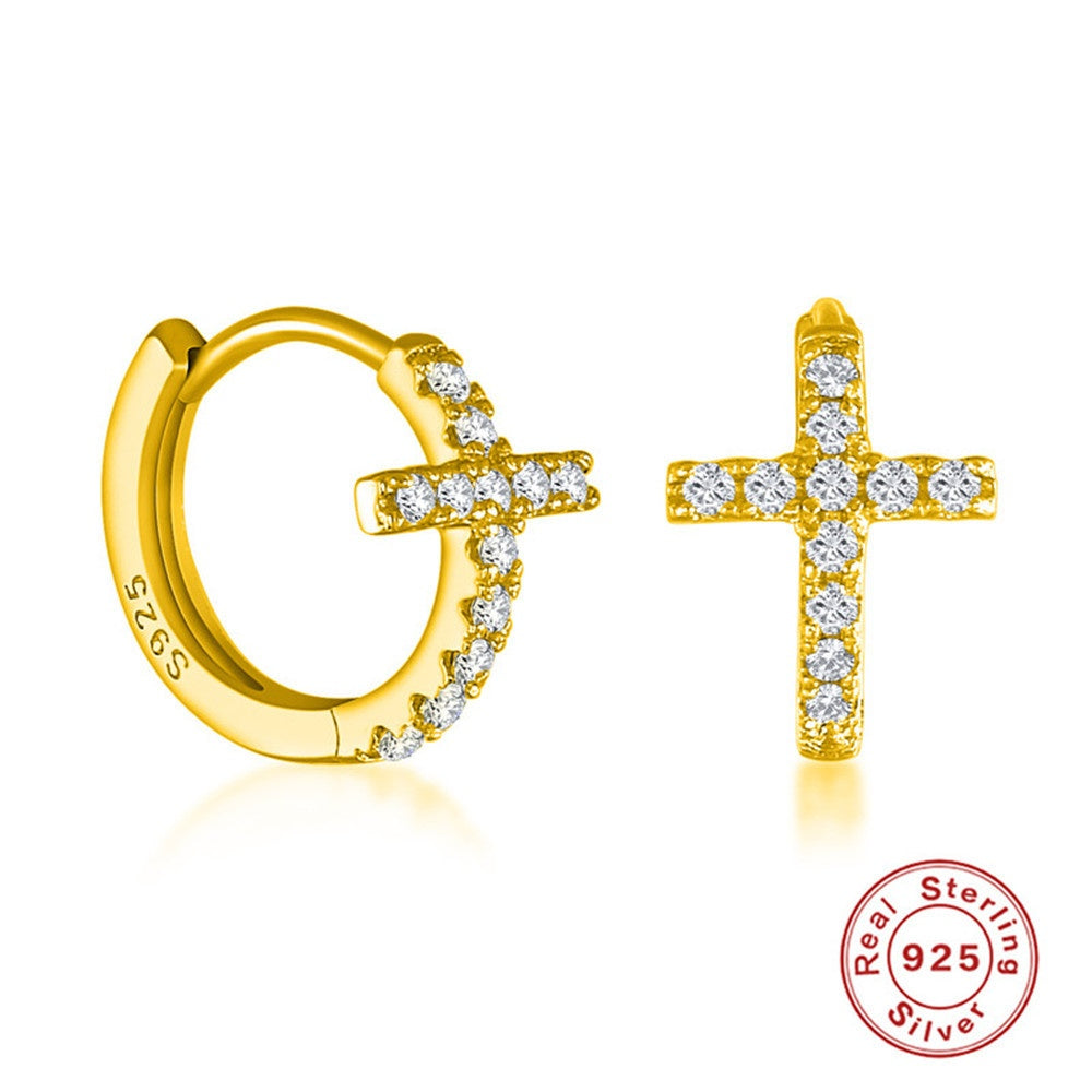 Diamond Cross Huggie Hoop Earrings • Gold or Silver • Small Hypoallergenic Hoops • Tiny CZ Earrings for Women
