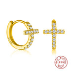 Diamond Cross Huggie Hoop Earrings • Gold or Silver • Small Hypoallergenic Hoops • Tiny CZ Earrings for Women
