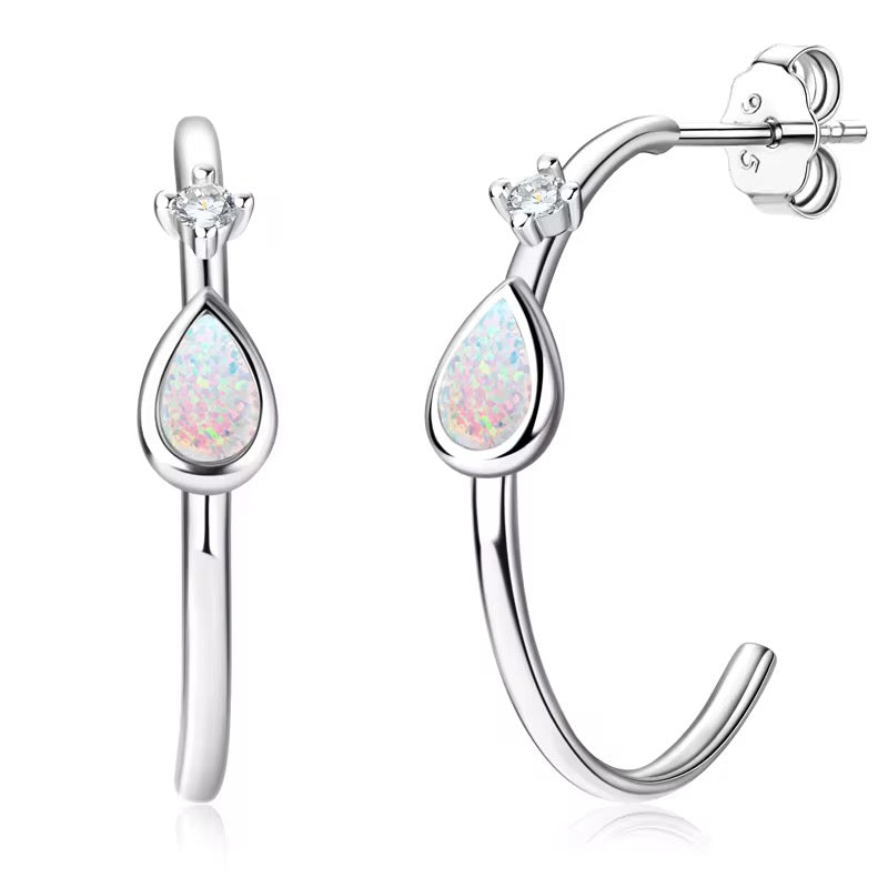 Sterling Silver Opal Hoop Earrings • Teardrop October Birthstone