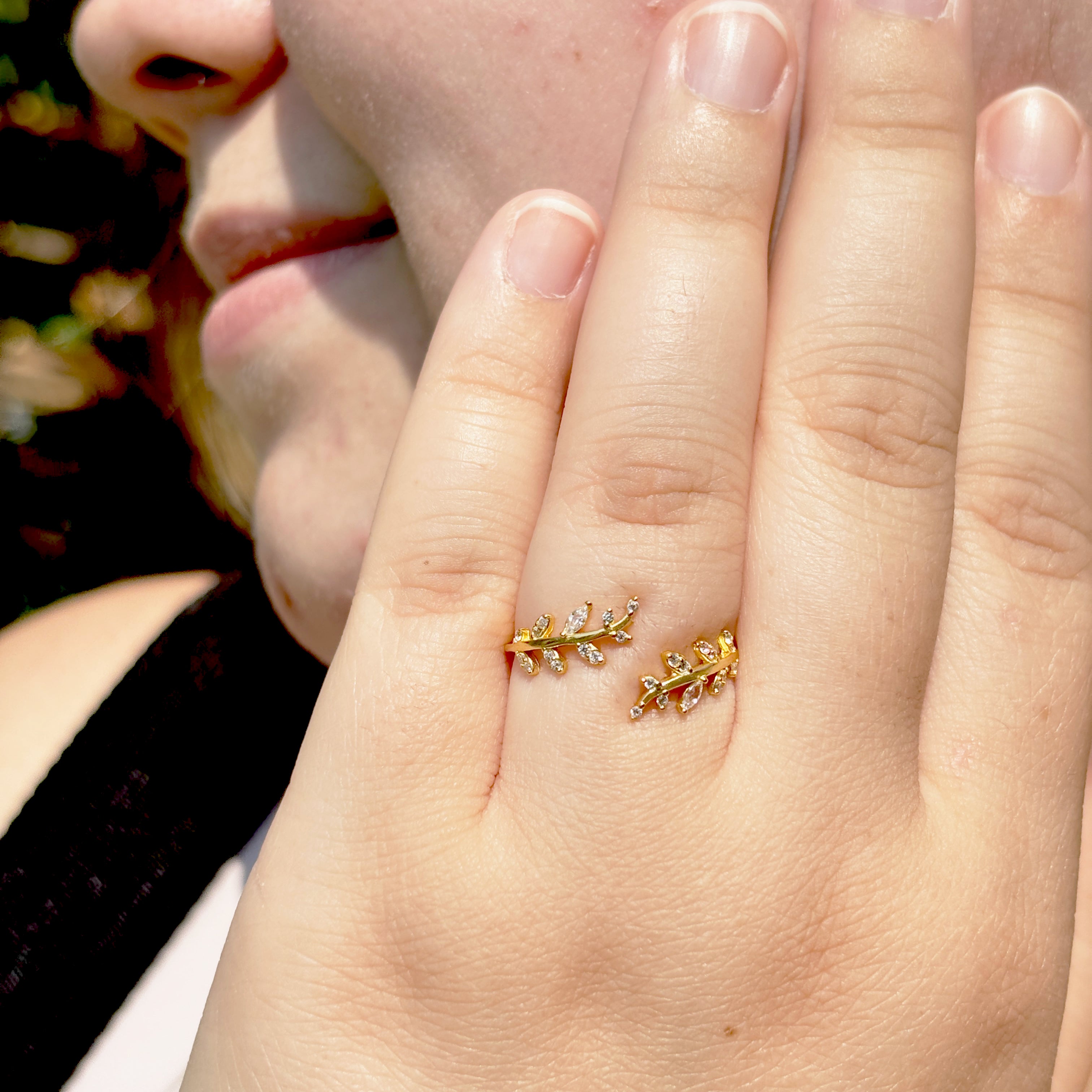 Fall Leaf Ring by Stella Amoré: 925 Sterling Silver Adjustable Vine Band with CZ Sparkle