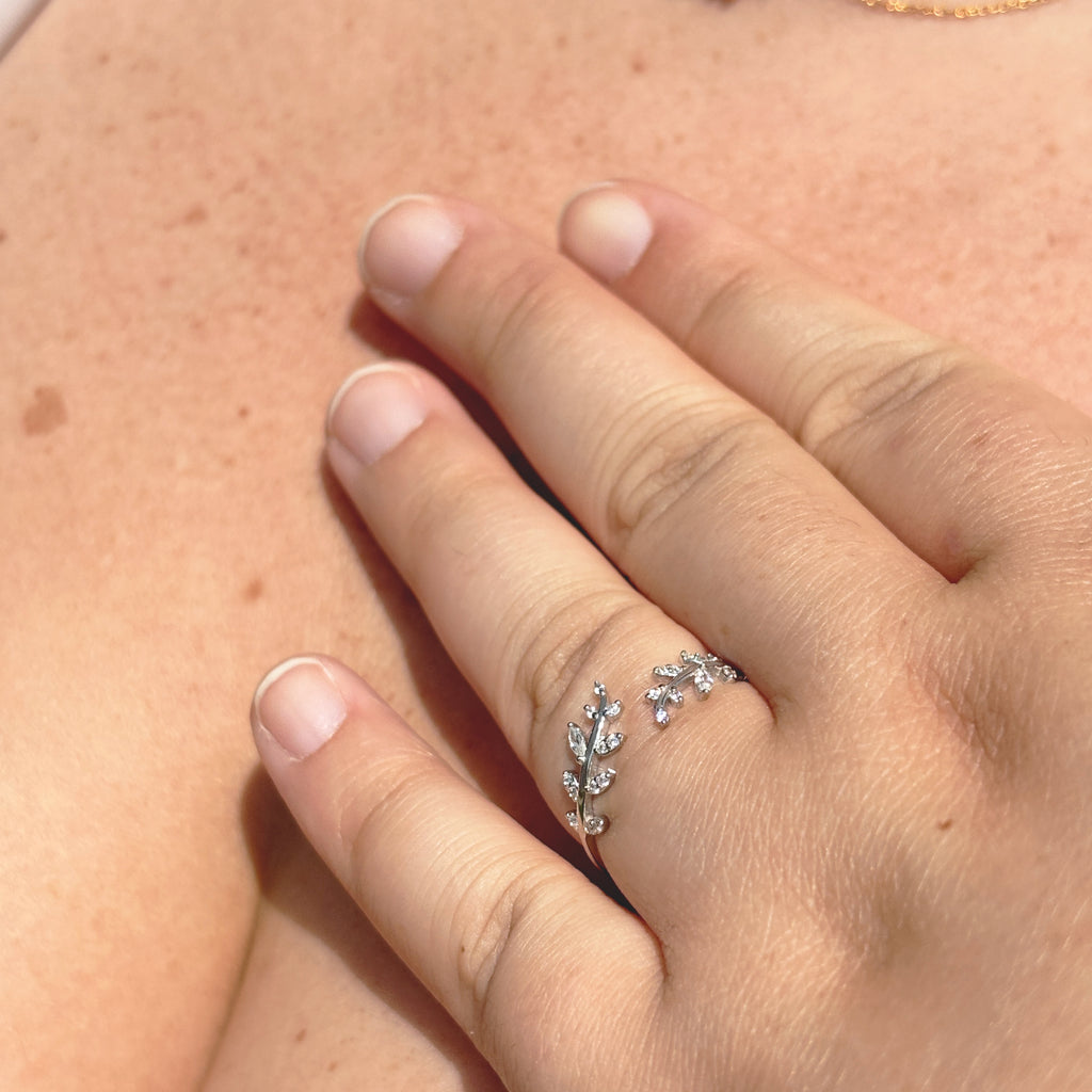 Fall Leaf Ring by Stella Amoré: 925 Sterling Silver Adjustable Vine Band with CZ Sparkle
