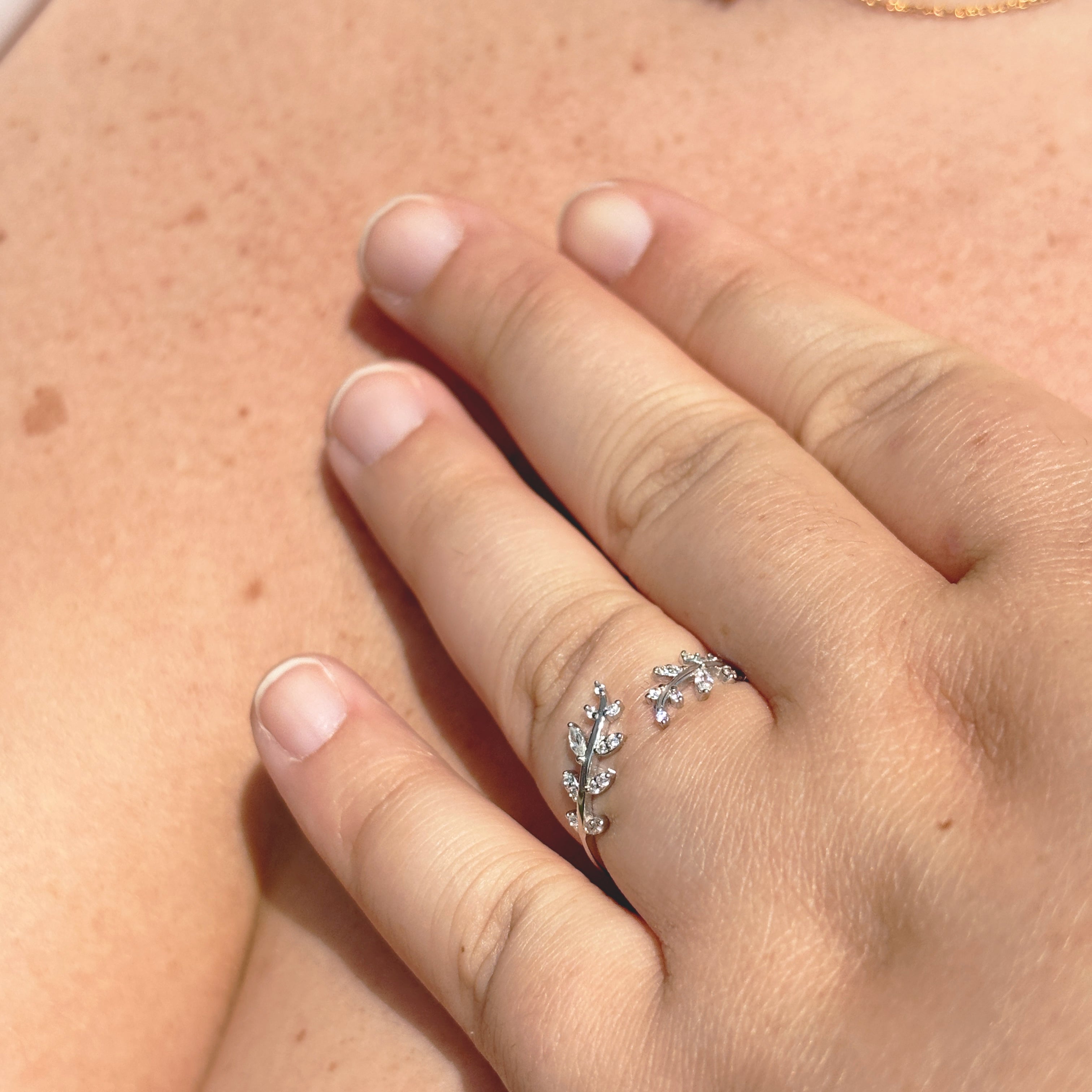 Fall Leaf Ring by Stella Amoré: 925 Sterling Silver Adjustable Vine Band with CZ Sparkle