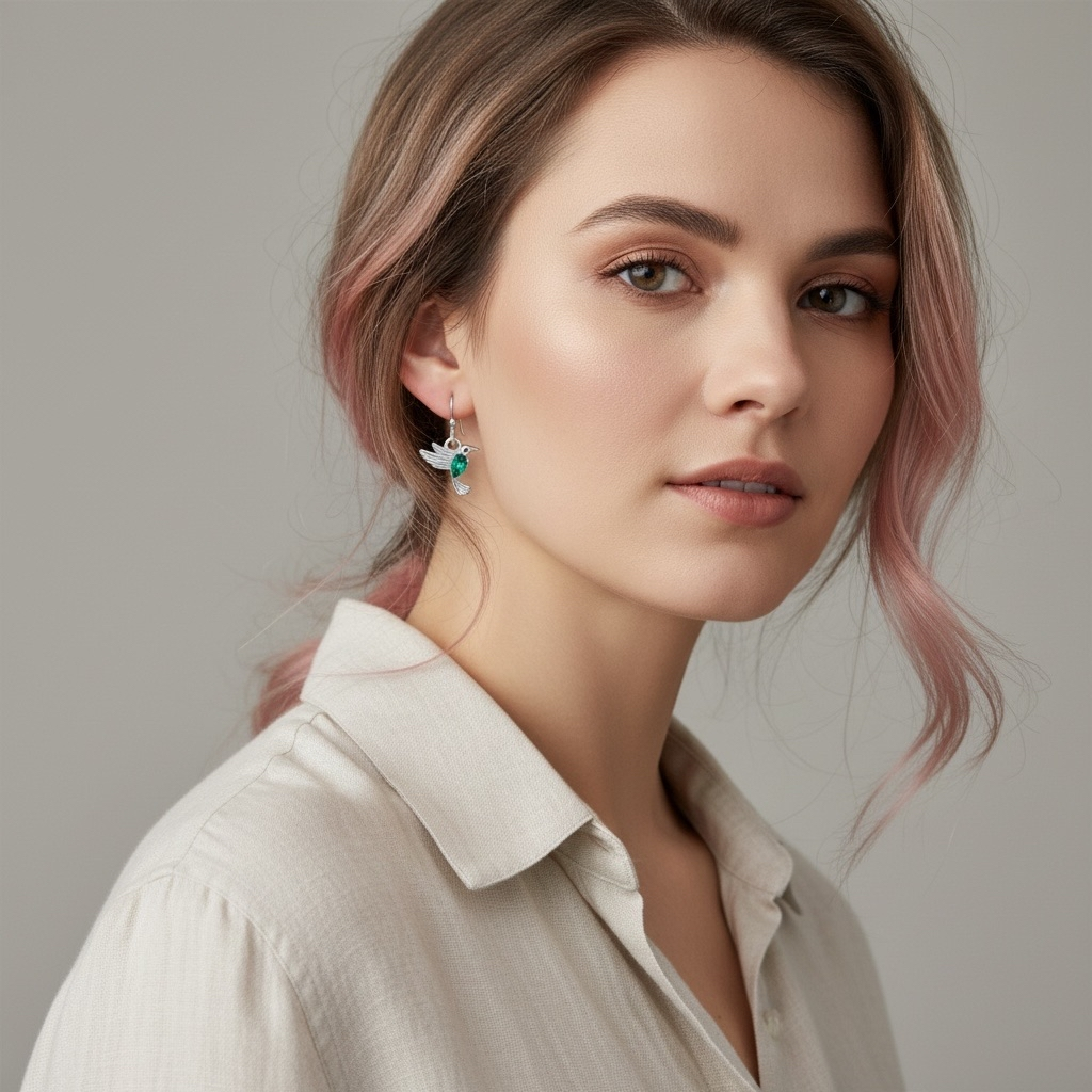 Hummingbird Earrings Sterling Silver | Flying Bird Earrings with Emerald Accent | Nature Jewelry Gift