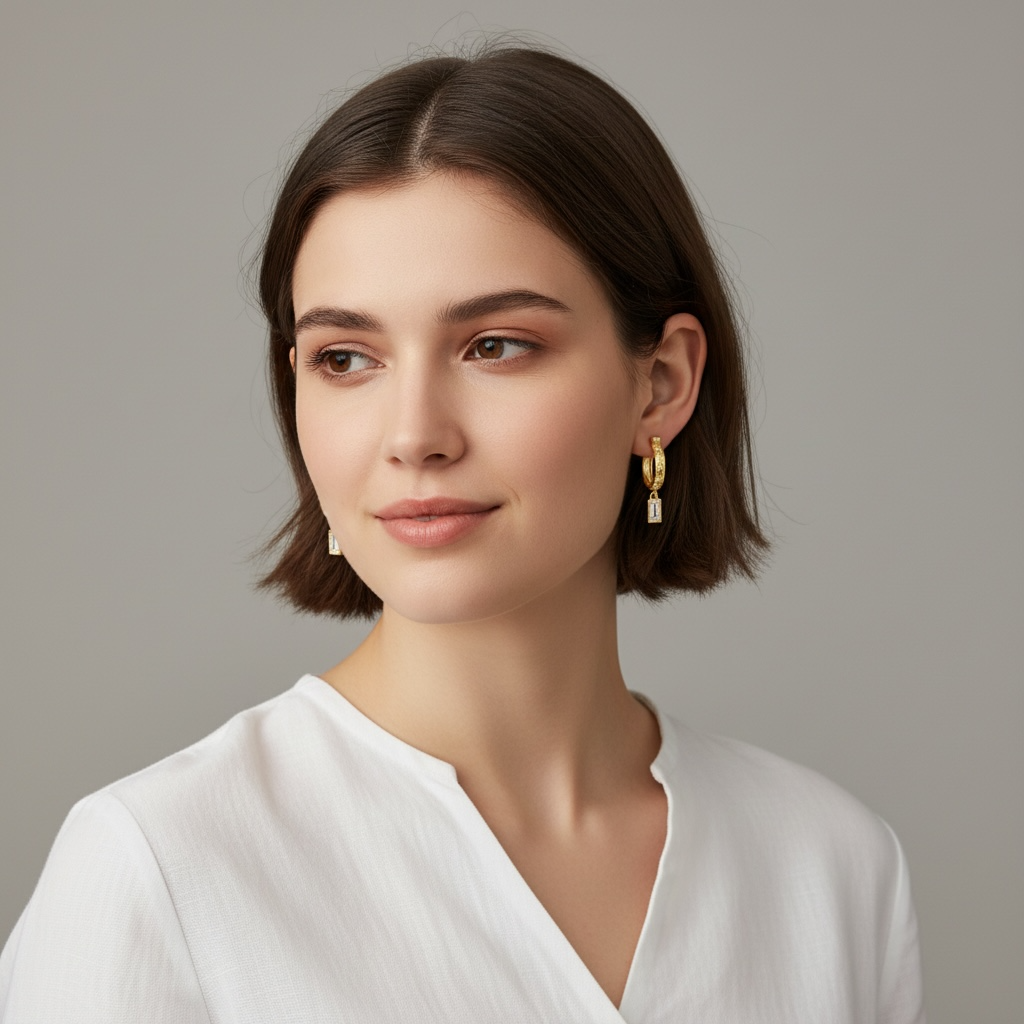 Starburst Huggie Hoops with Baguette Drop • Gold & Silver 925 • Hypoallergenic CZ Earrings