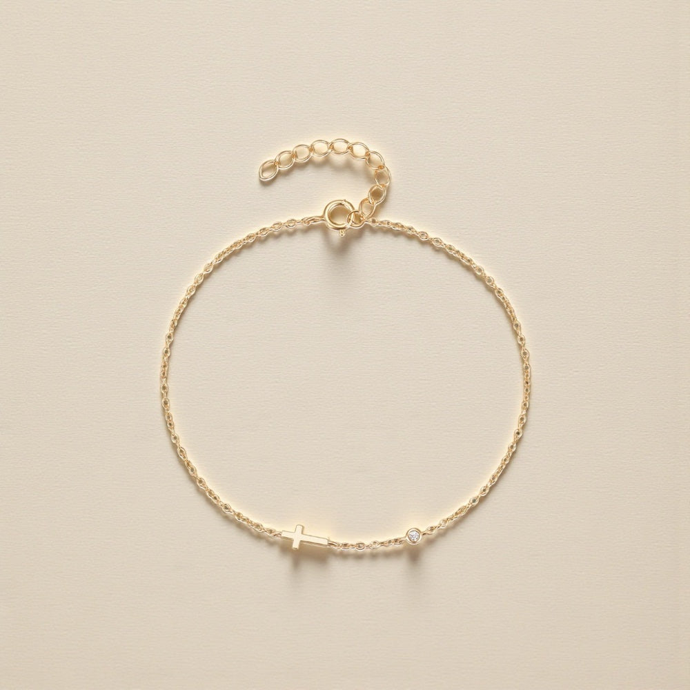 Sideways Cross Bracelet • 14K Gold Vermeil, CZ Diamond • Christian Gift