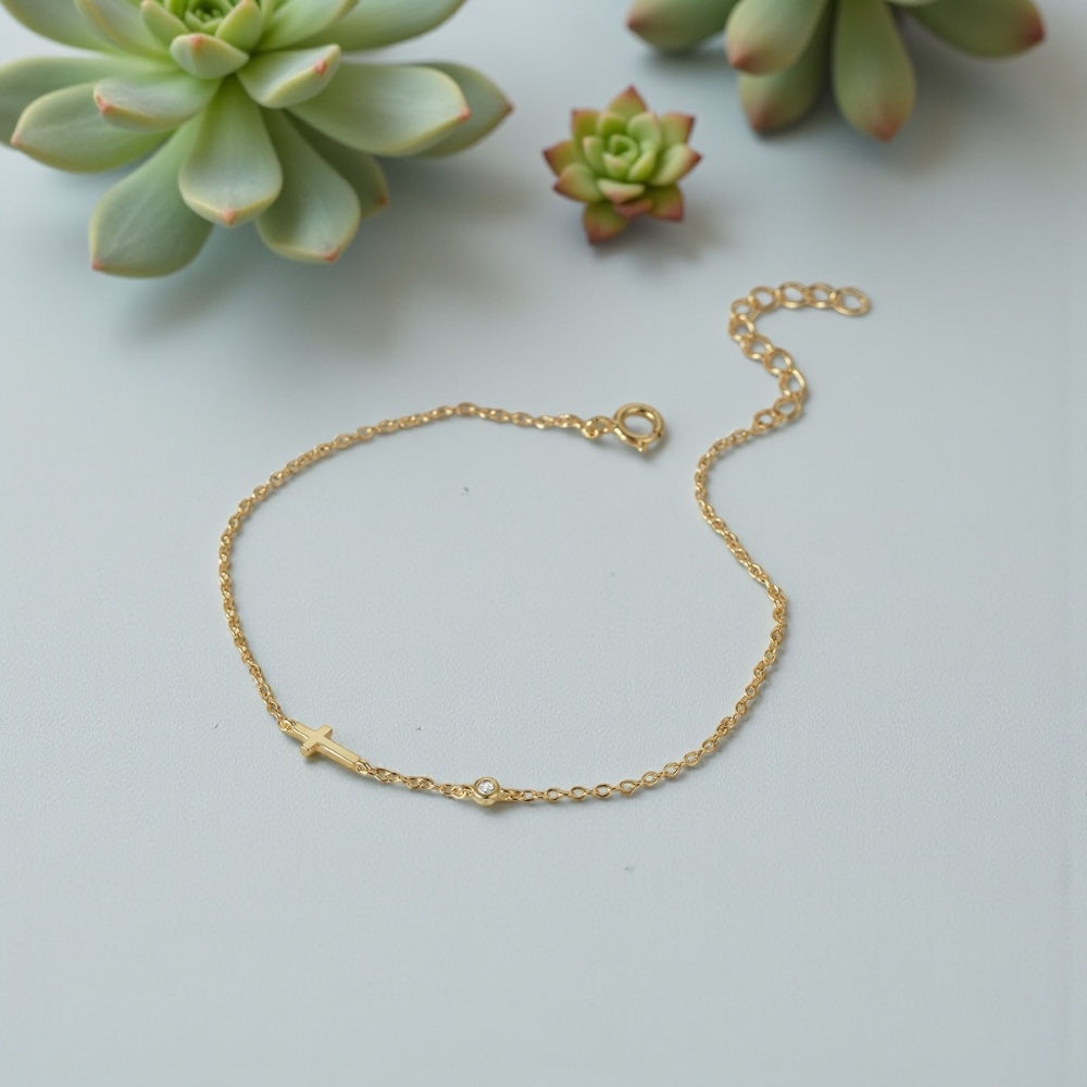 Sideways Cross Bracelet • 14K Gold Vermeil, CZ Diamond • Christian Gift