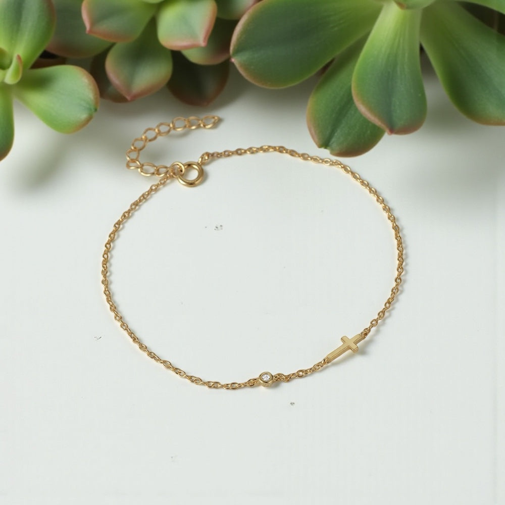 Sideways Cross Bracelet • 14K Gold Vermeil, CZ Diamond • Christian Gift