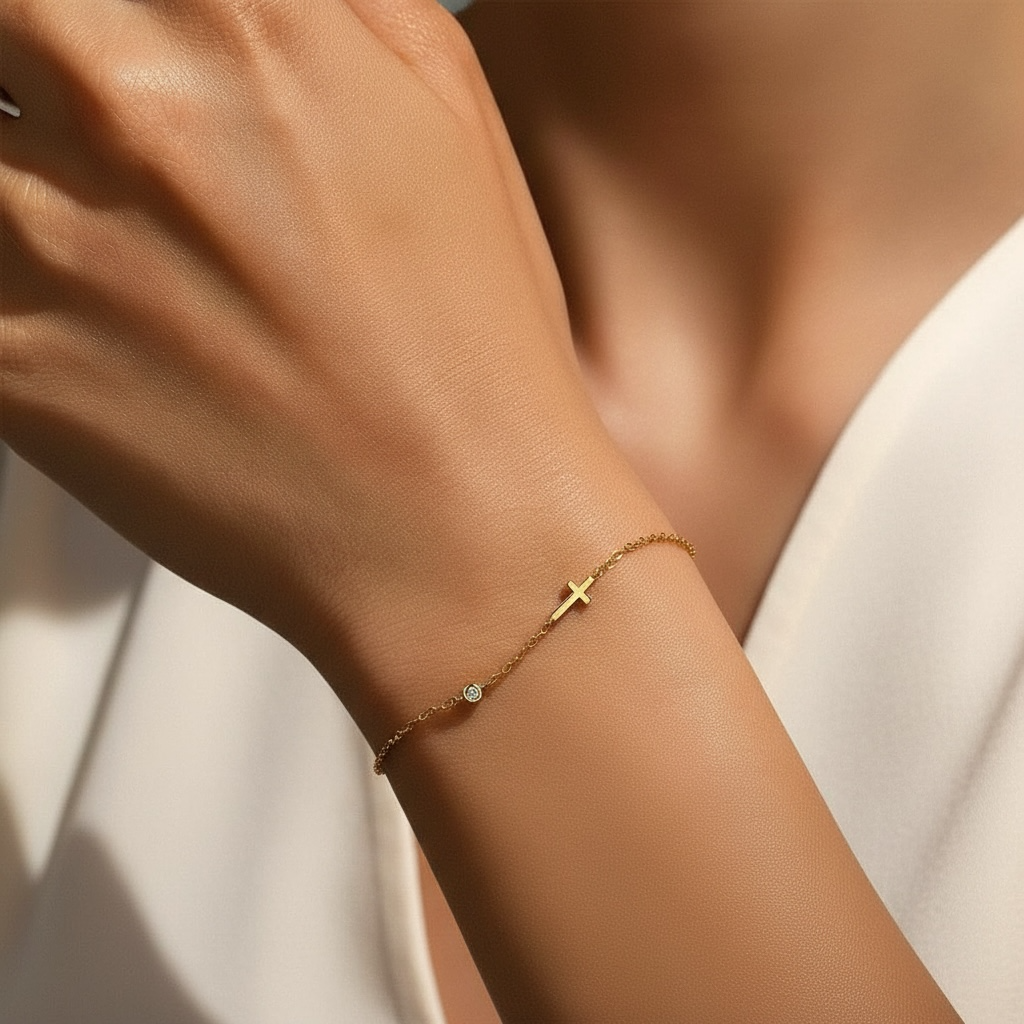 Sideways Cross Bracelet • 14K Gold Vermeil, CZ Diamond • Christian Gift