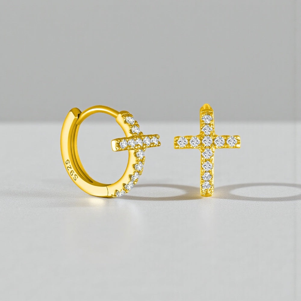 Diamond Cross Huggie Hoop Earrings • Gold or Silver • Small Hypoallergenic Hoops • Tiny CZ Earrings for Women