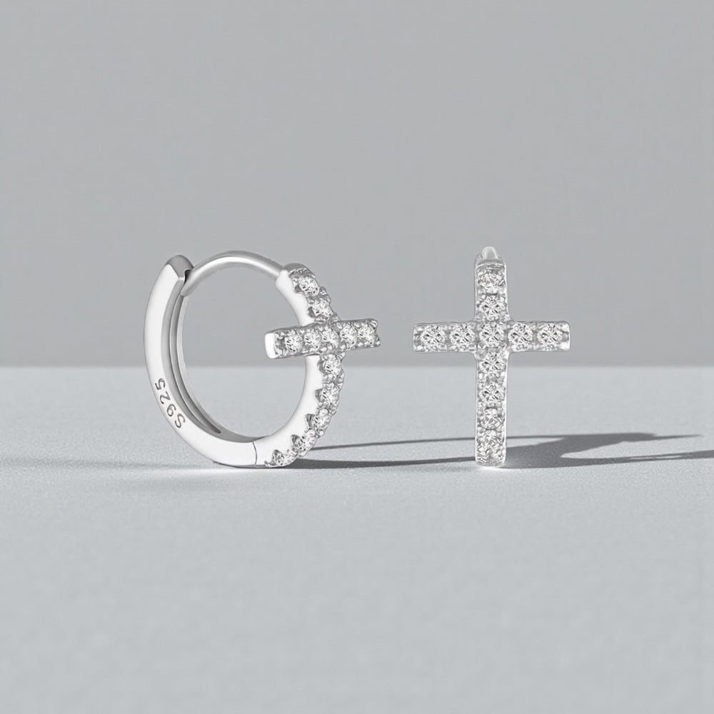 Diamond Cross Huggie Hoop Earrings • Gold or Silver • Small Hypoallergenic Hoops • Tiny CZ Earrings for Women