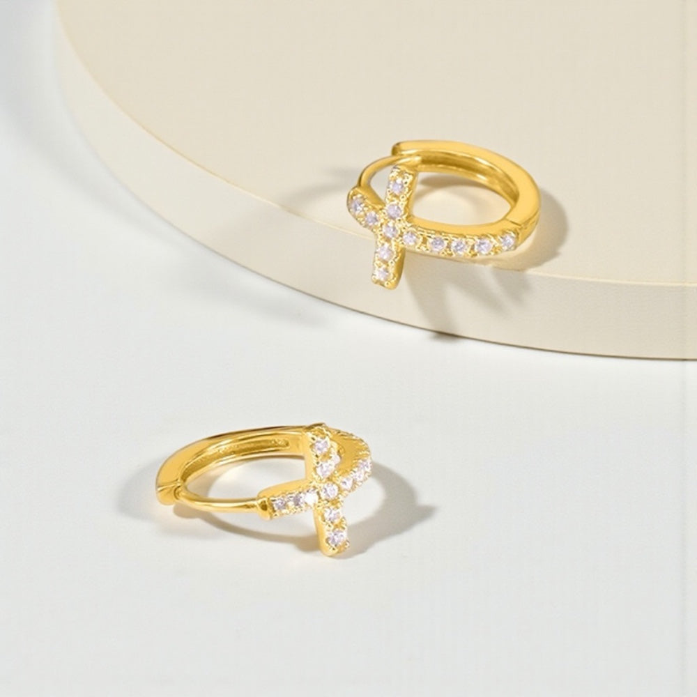 Diamond Cross Huggie Hoop Earrings • Gold or Silver • Small Hypoallergenic Hoops • Tiny CZ Earrings for Women