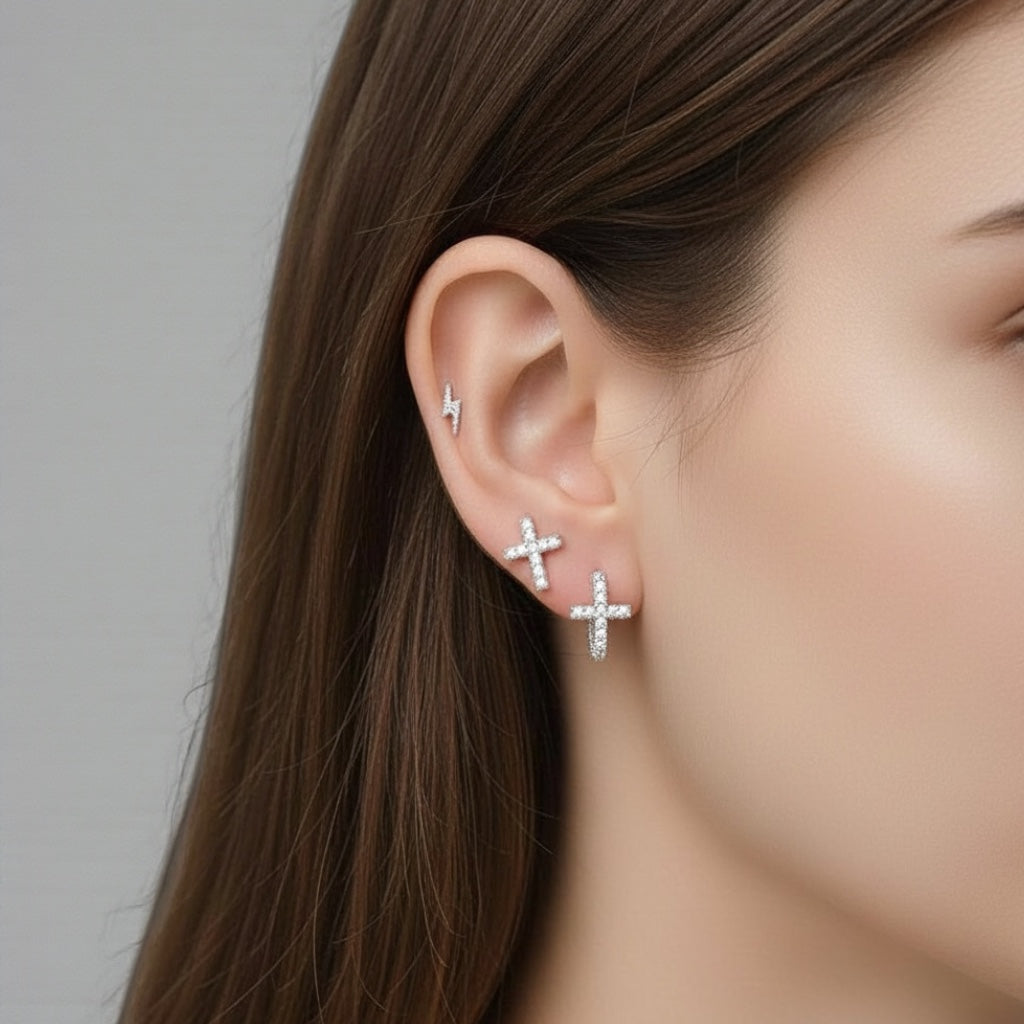 Diamond Cross Huggie Hoop Earrings • Gold or Silver • Small Hypoallergenic Hoops • Tiny CZ Earrings for Women
