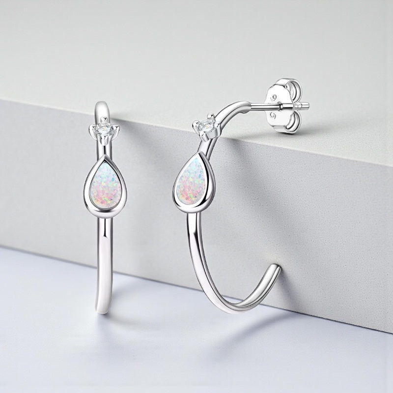 Sterling Silver Opal Hoop Earrings • Teardrop October Birthstone