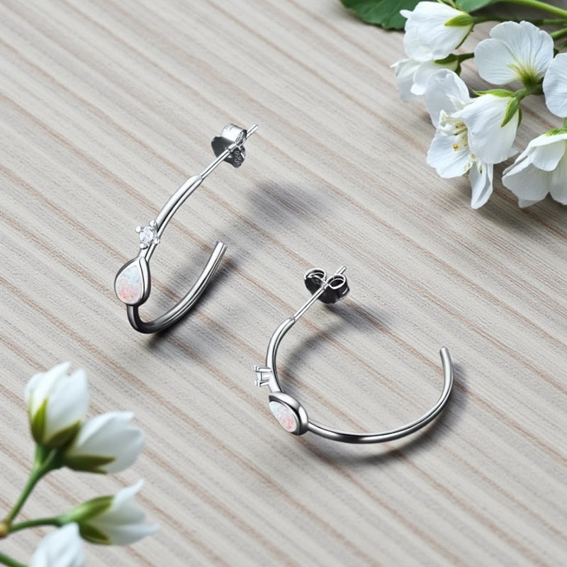 Sterling Silver Opal Hoop Earrings • Teardrop October Birthstone