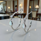 Sterling Silver Opal Hoop Earrings • Teardrop October Birthstone