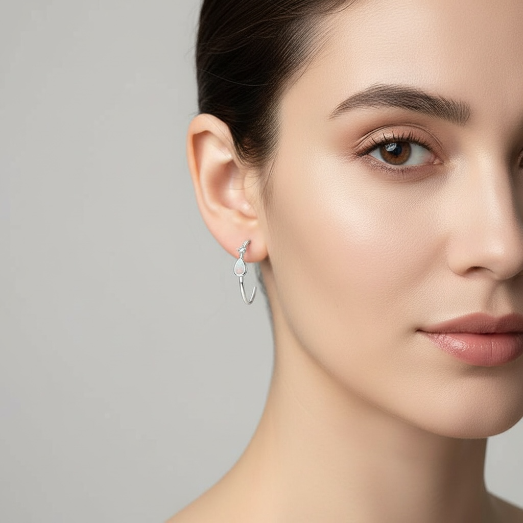 Sterling Silver Opal Hoop Earrings • Teardrop October Birthstone