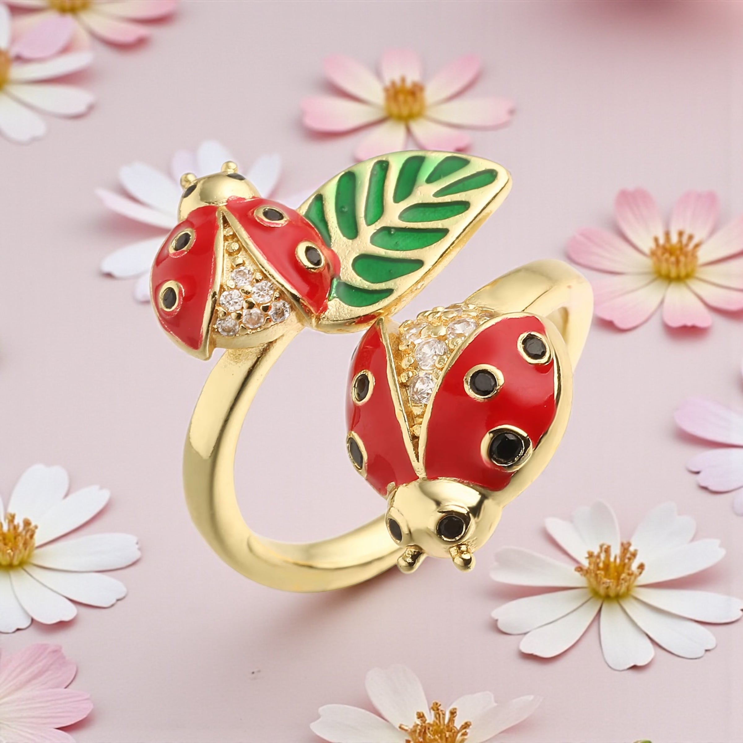 Double Ladybug Leaf Ring – Gold Enamel Lucky Adjustable Ring | Nature Garden Jewelry by Stella Amoré