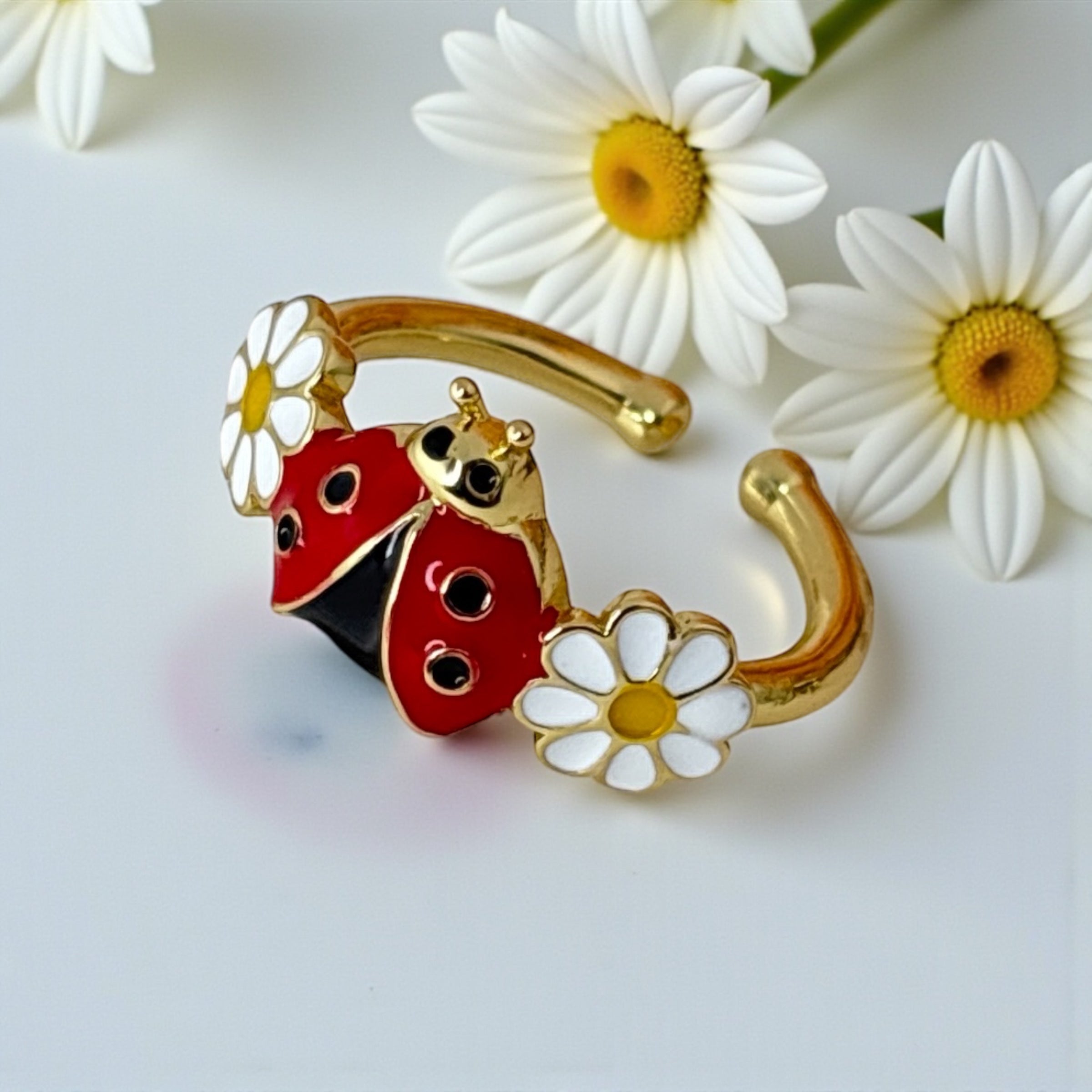 Ladybug Ring – Gold Plated, Enamel Flower Nature Ring, Adjustable