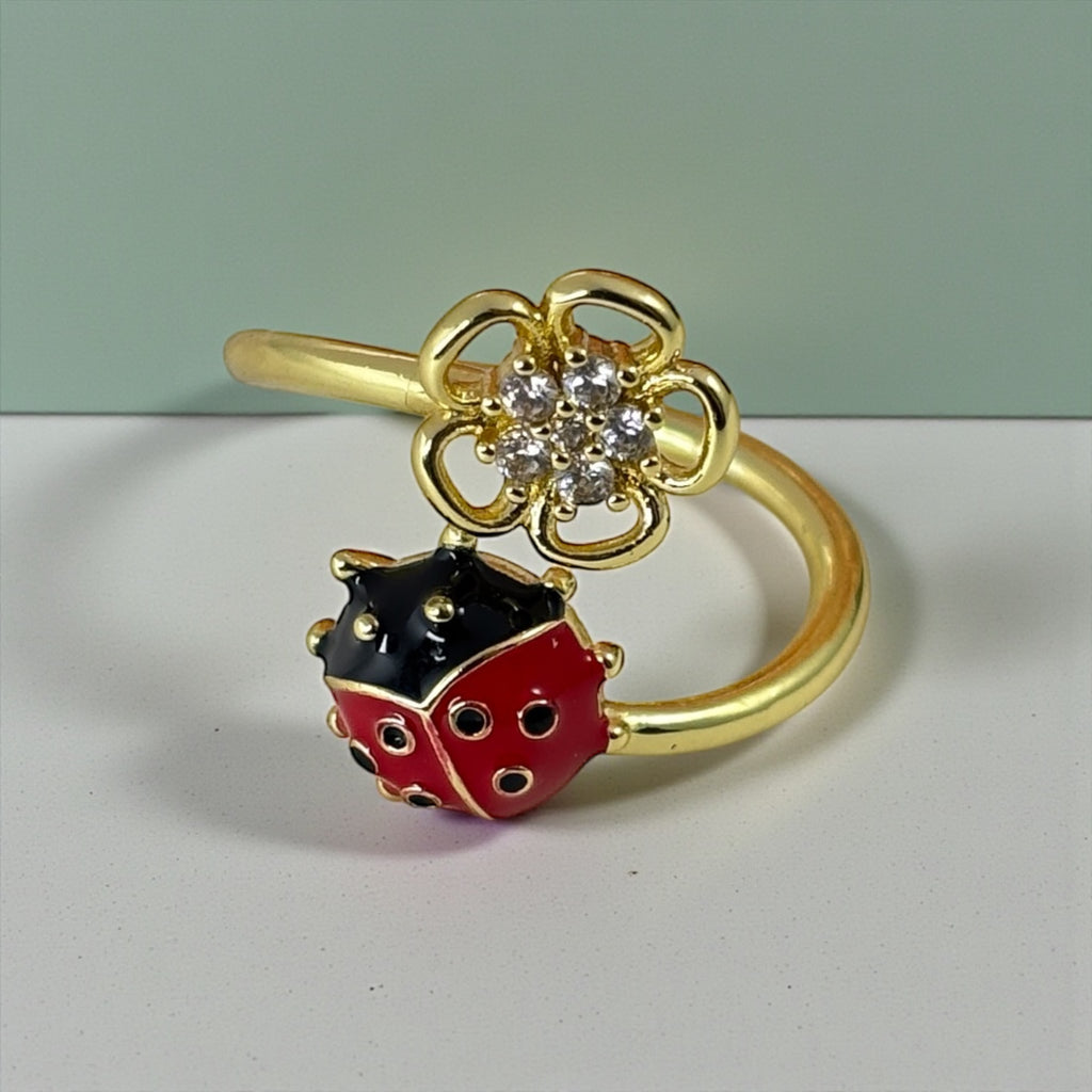 Daisy Garden Ladybug Ring – Gold Enamel Lucky Adjustable Ring | Nature-Inspired Jewelry by Stella Amoré