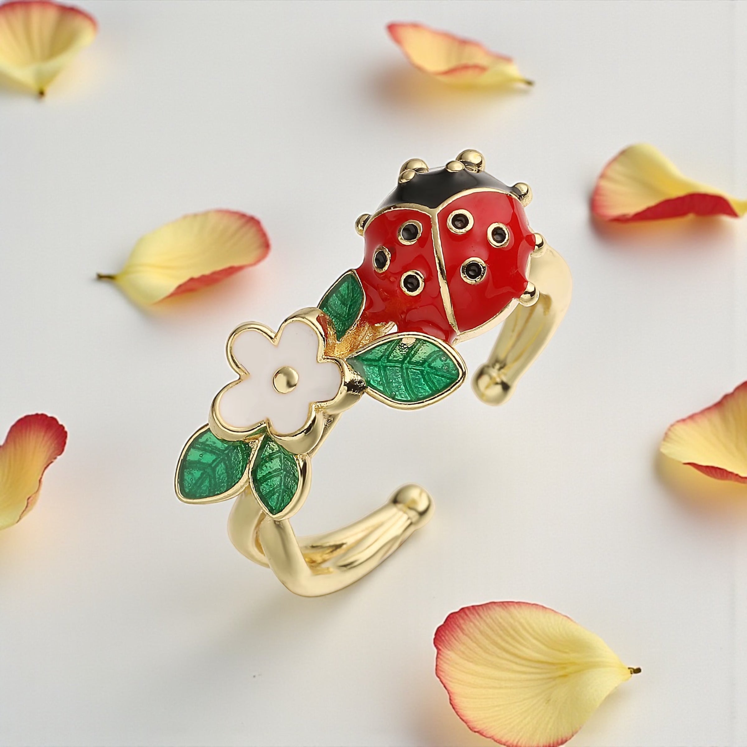 Daisy Garden Ladybug Ring – Gold Enamel Lucky Adjustable Ring | Nature-Inspired Jewelry by Stella Amoré
