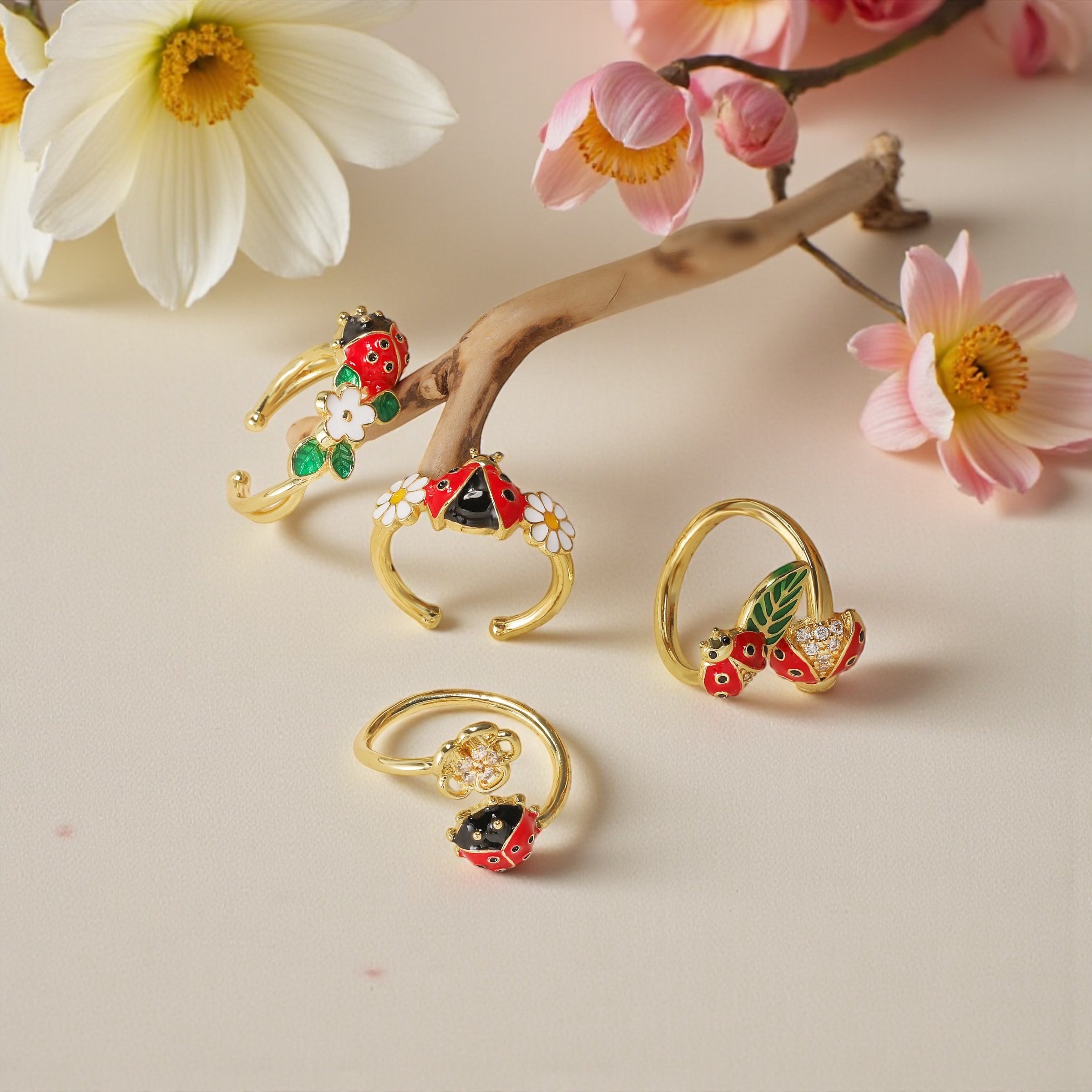 Daisy Garden Ladybug Ring – Gold Enamel Lucky Adjustable Ring | Nature-Inspired Jewelry by Stella Amoré