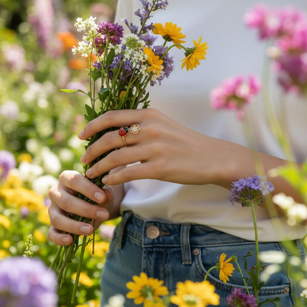 Daisy Garden Ladybug Ring – Gold Enamel Lucky Adjustable Ring | Nature-Inspired Jewelry by Stella Amoré