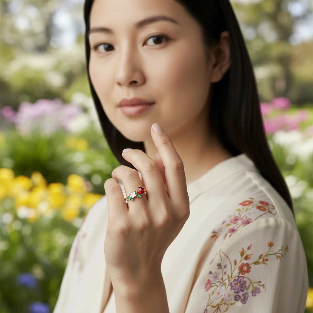 Double Ladybug Leaf Ring – Gold Enamel Lucky Adjustable Ring | Nature Garden Jewelry by Stella Amoré