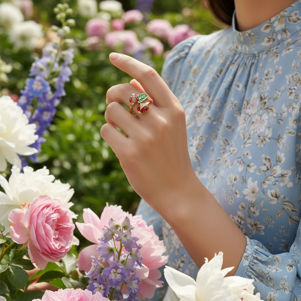 Daisy Garden Ladybug Ring – Gold Enamel Lucky Adjustable Ring | Nature-Inspired Jewelry by Stella Amoré