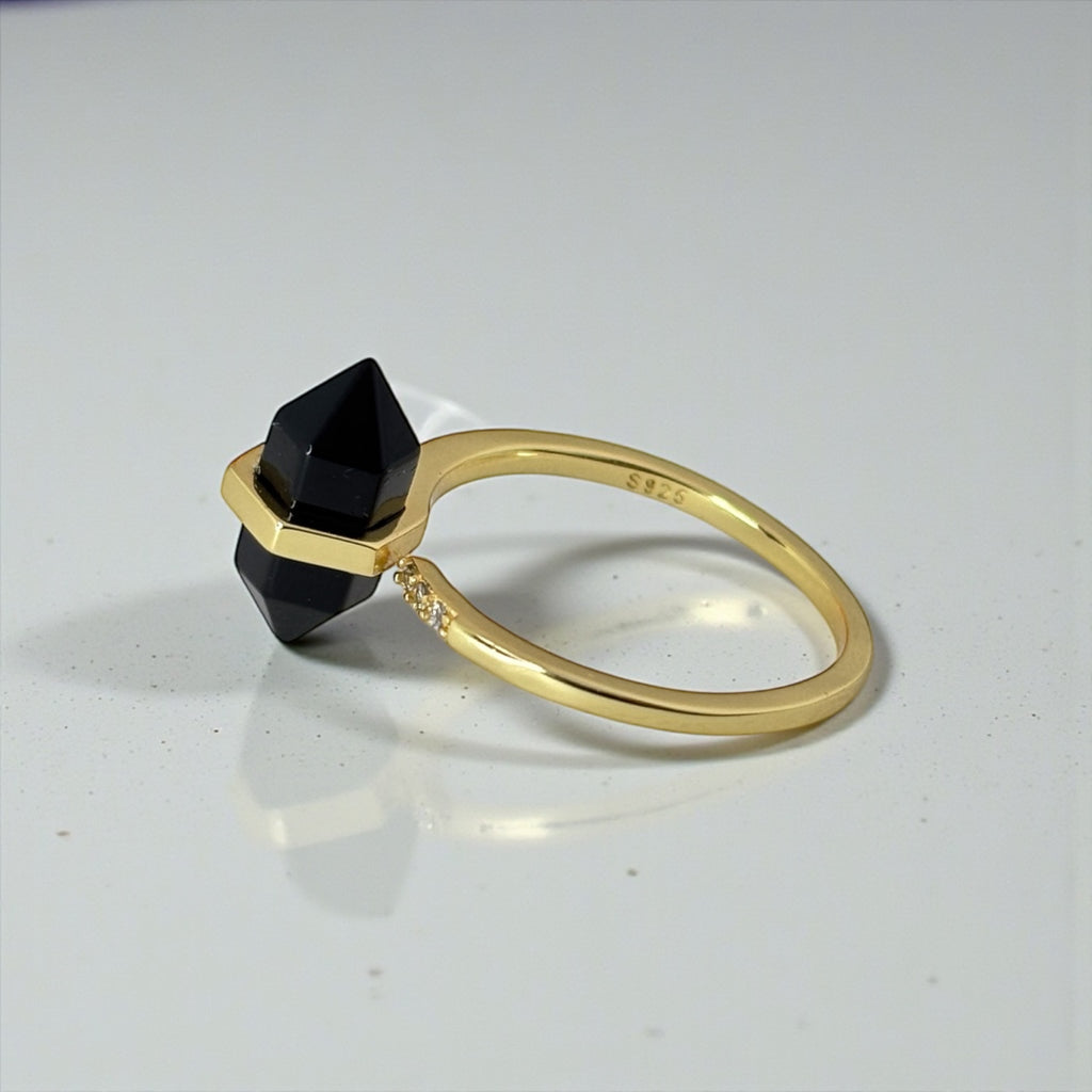 Obsidian Crystal Point Ring — Adjustable Gold Ring for Protection & Strength