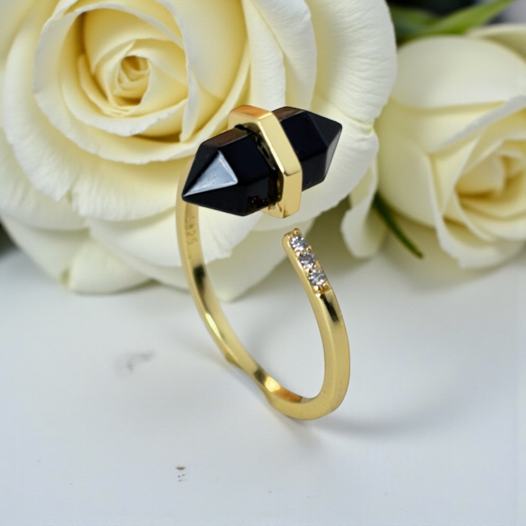 Obsidian Crystal Point Ring — Adjustable Gold Ring for Protection & Strength