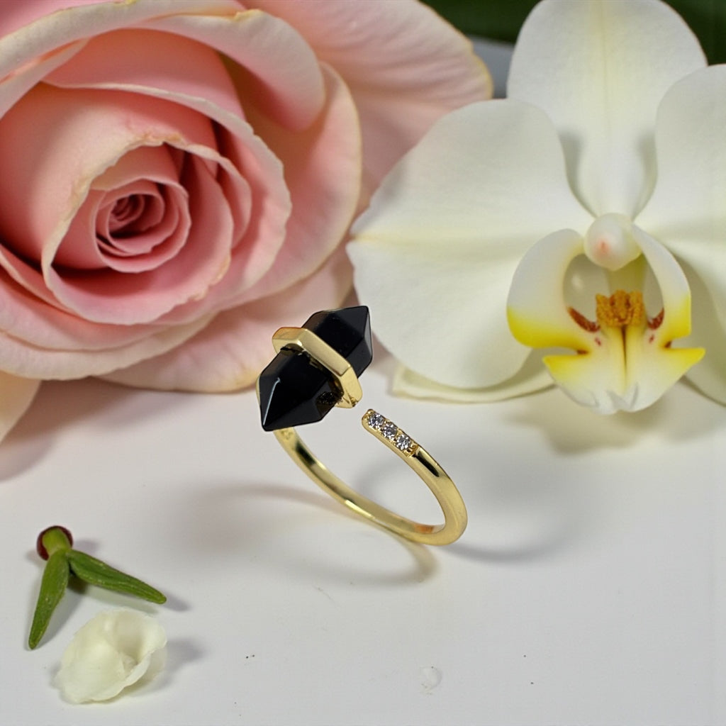 Obsidian Crystal Point Ring — Adjustable Gold Ring for Protection & Strength