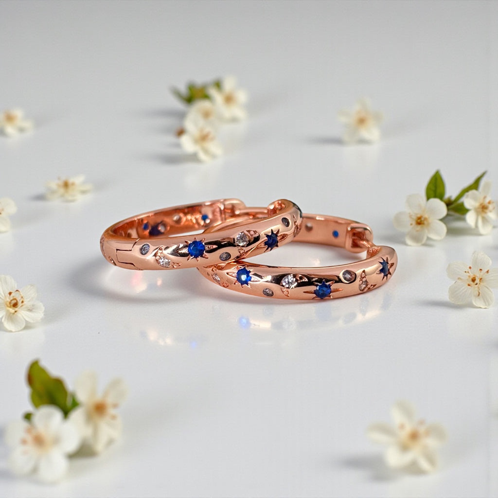 Rose Gold Blue Star Huggie Hoop Earrings | Celestial Starburst Hoops | Dainty Minimalistic Star Jewelry